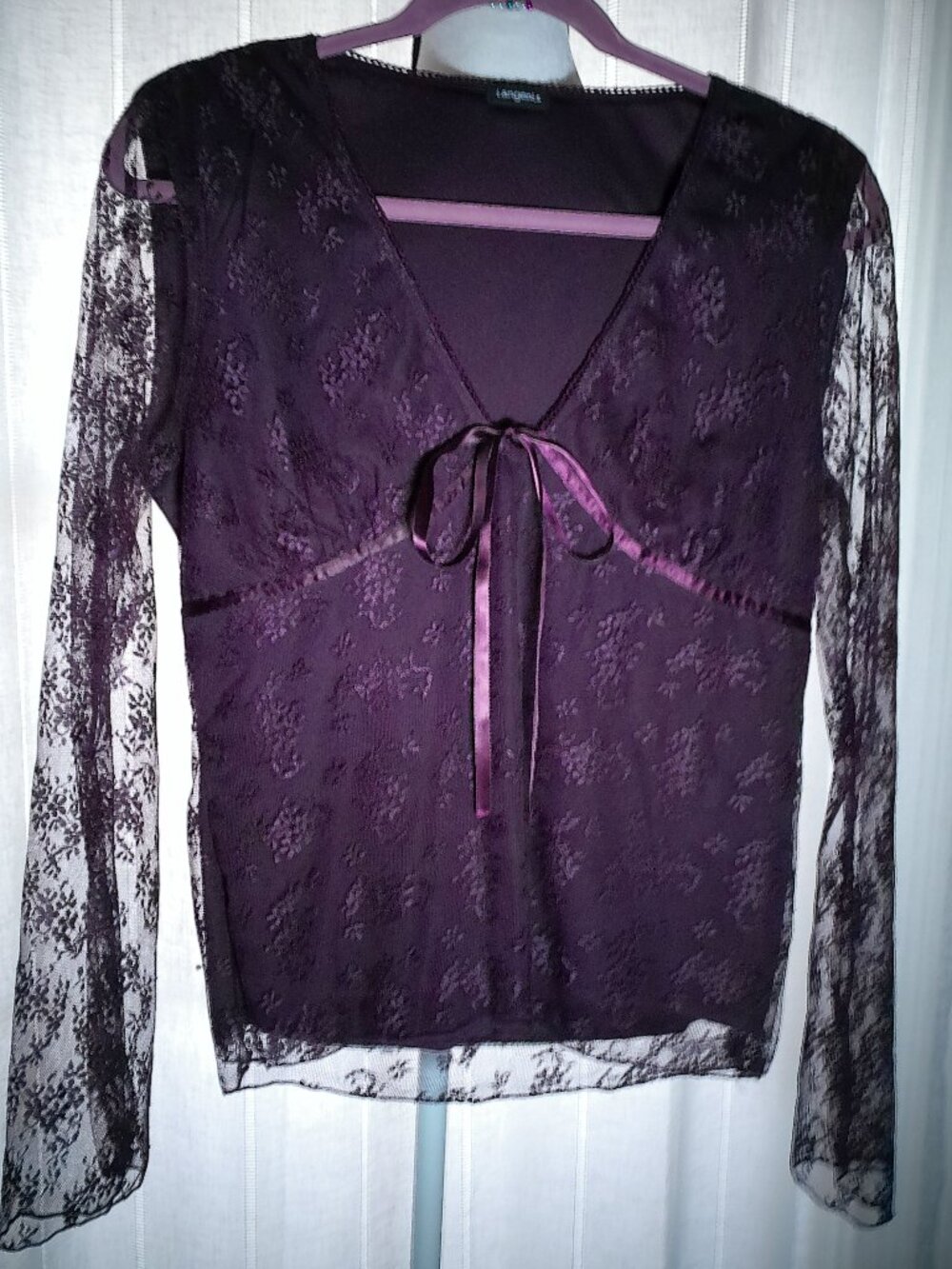 TANGENTS NWOT Long Sleeve V-Neck Purple Embroidered Shear w/Lined Body Blouse L